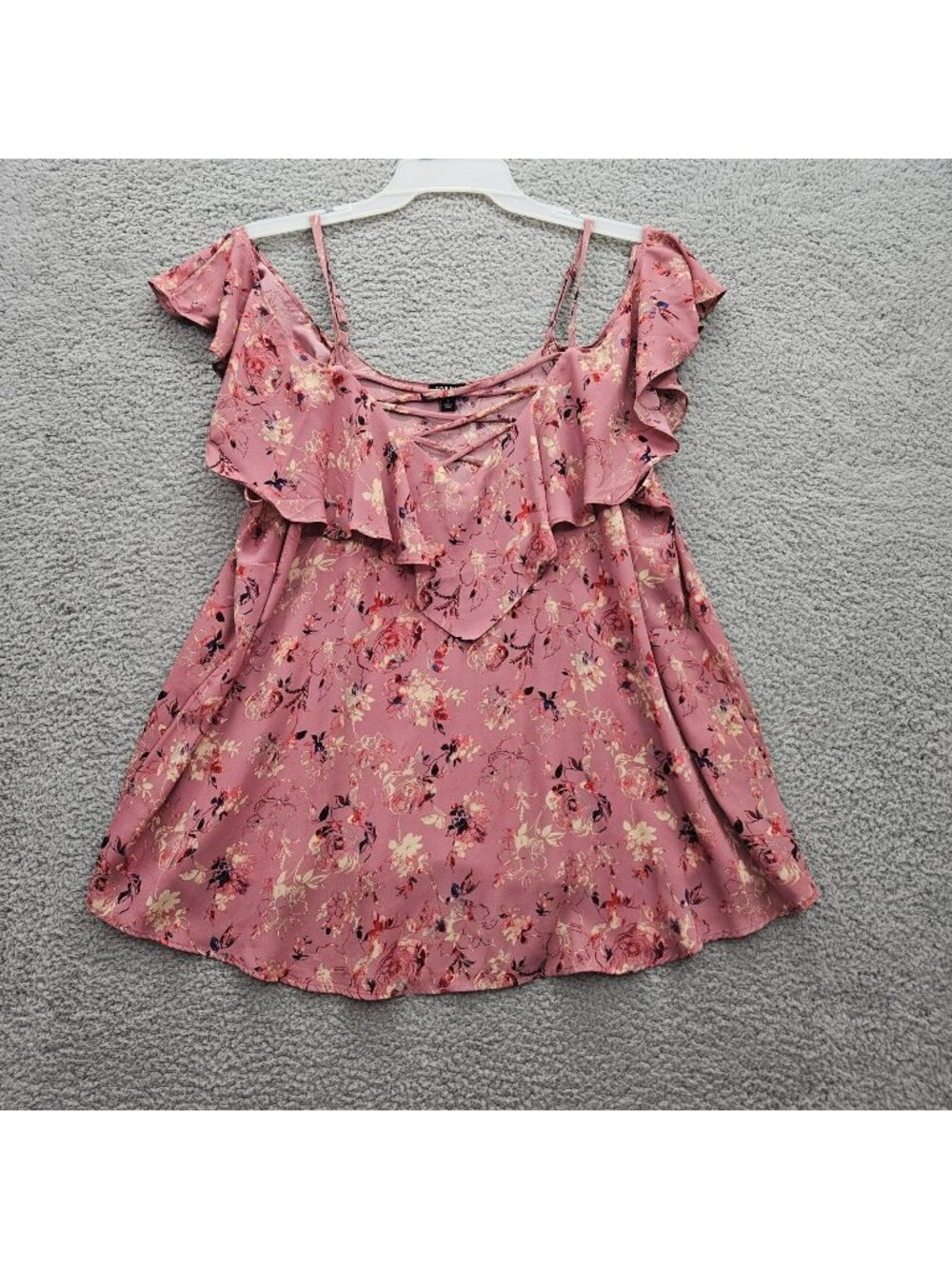 Torrid Top 1 Lace Up Cold Shoulder Blouse Georgette Floral Dusty Rose Shirt 1X